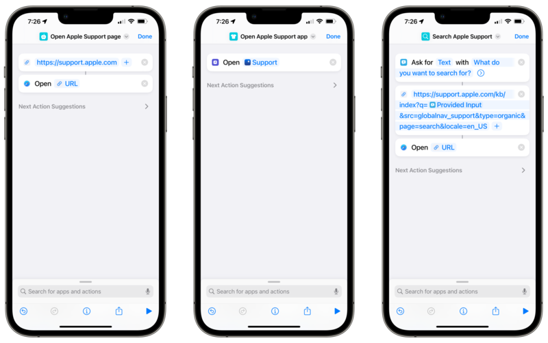 Ensemble de trois captures d'écran montrant les actions d'URL dans les raccourcis Open Apple Support en ligne, Open Apple Support et Search Apple Support.