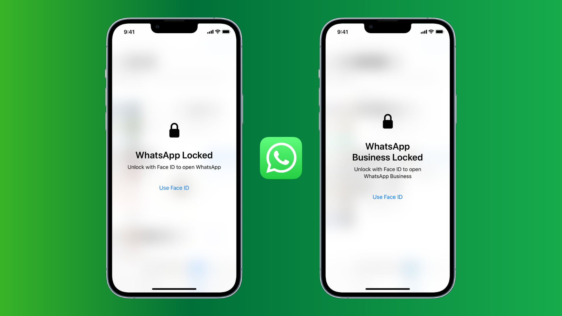 Deux iPhones sur fond vert dégradé montrant WhatsApp verrouillé et WhatsApp Business verrouillé