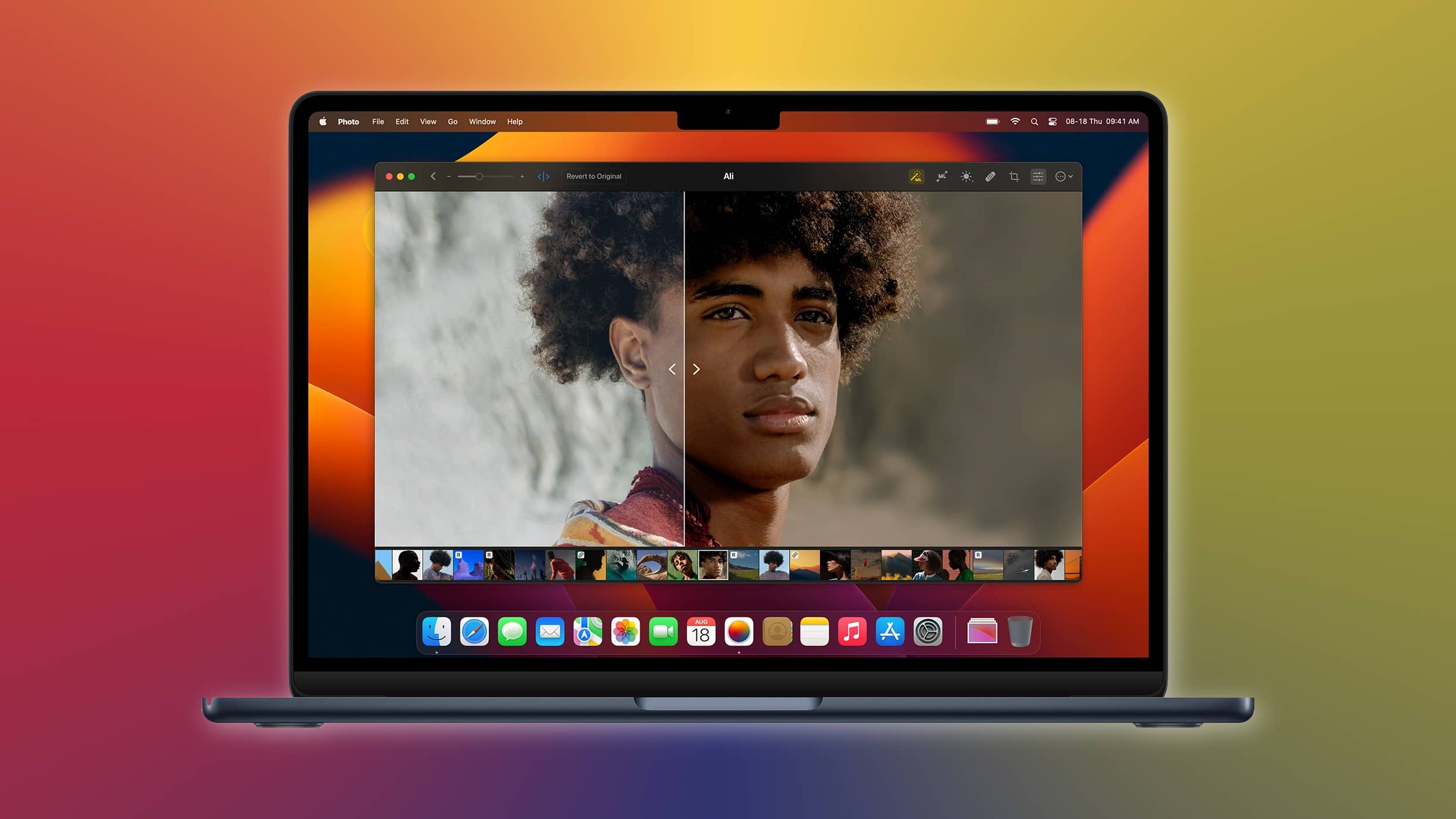 MacBook Air présentant Pixelmator Photo pour macOS, sur un fond dégradé coloré