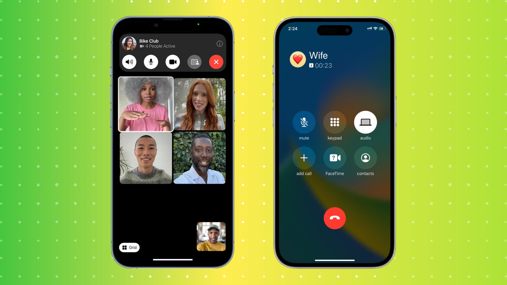 Deux maquettes d'iPhone montrant un appel de groupe FaceTime en cours et un appel téléphonique de l'opérateur