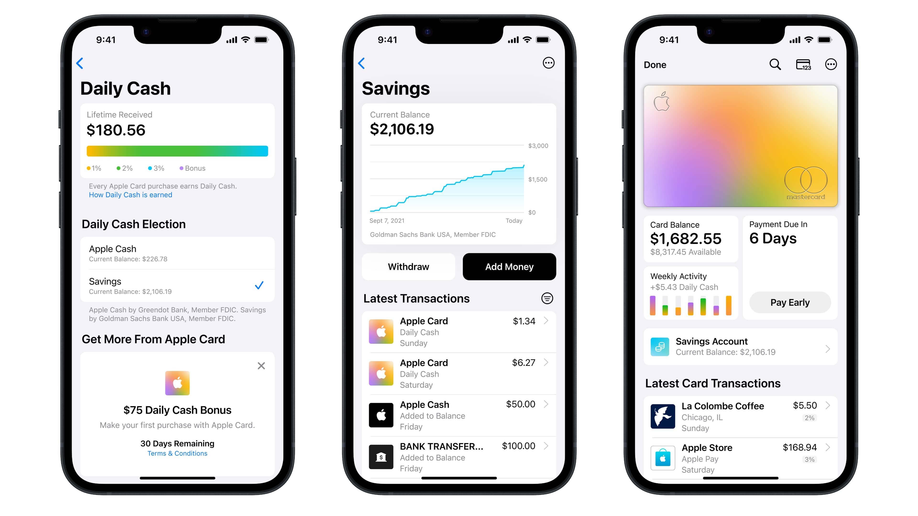 Trois captures d'écran iPhone présentant le compte d'épargne Apple Card dans l'application Wallet