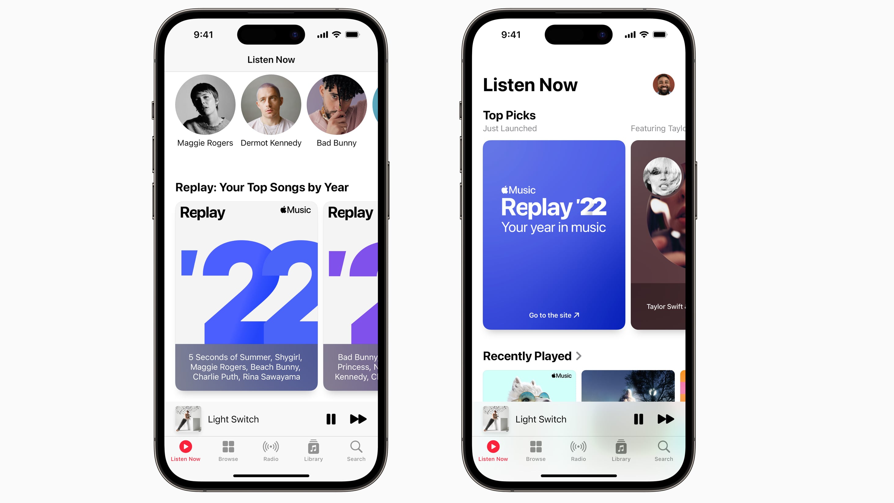 Deux captures d'écran iPhone présentant Apple Music Replay et les meilleures chansons de 2022 dans l'application Musique
