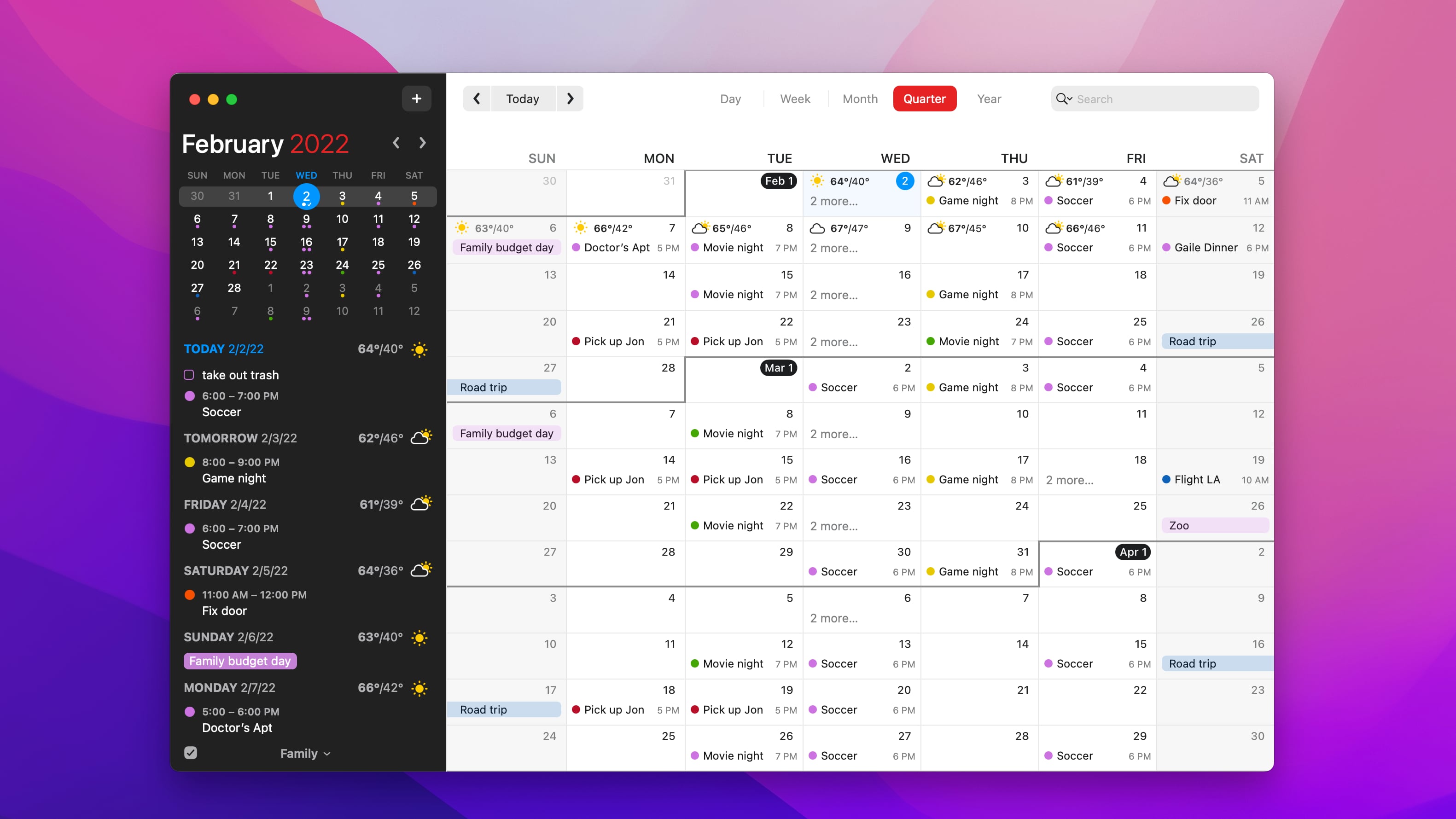 Capture d'écran macOS Big Sur présentant la vue trimestrielle sur le calendrier dans l'application Fantastical