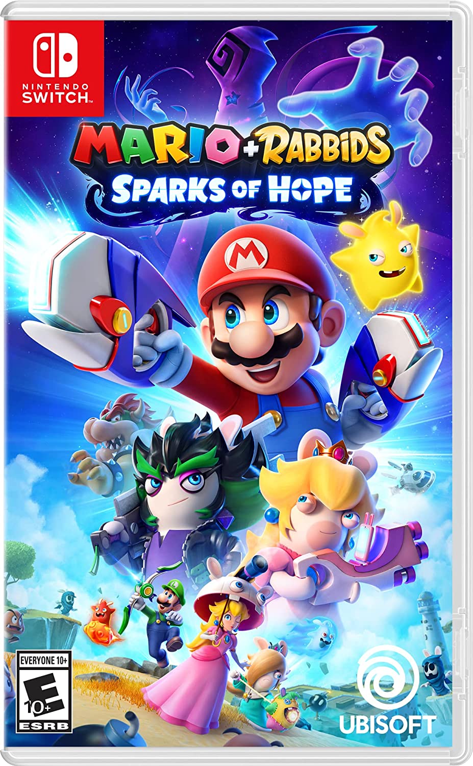 Illustration de couverture de Mario et Lapins Crétins Sparks of Hope pour Nintendo Switch.