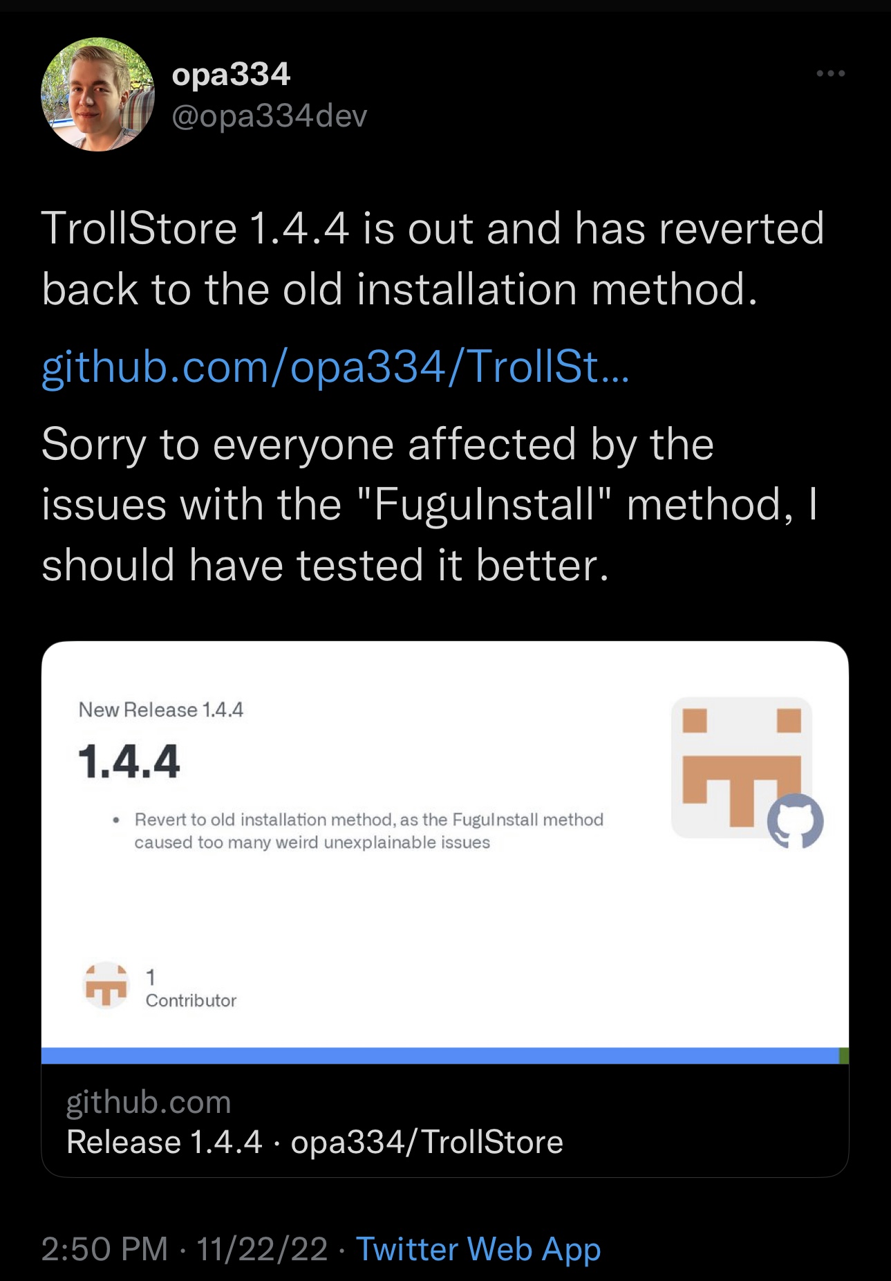 La mise à jour de TrollStore version 1.4.4 a supprimé la méthode FuguInstall.