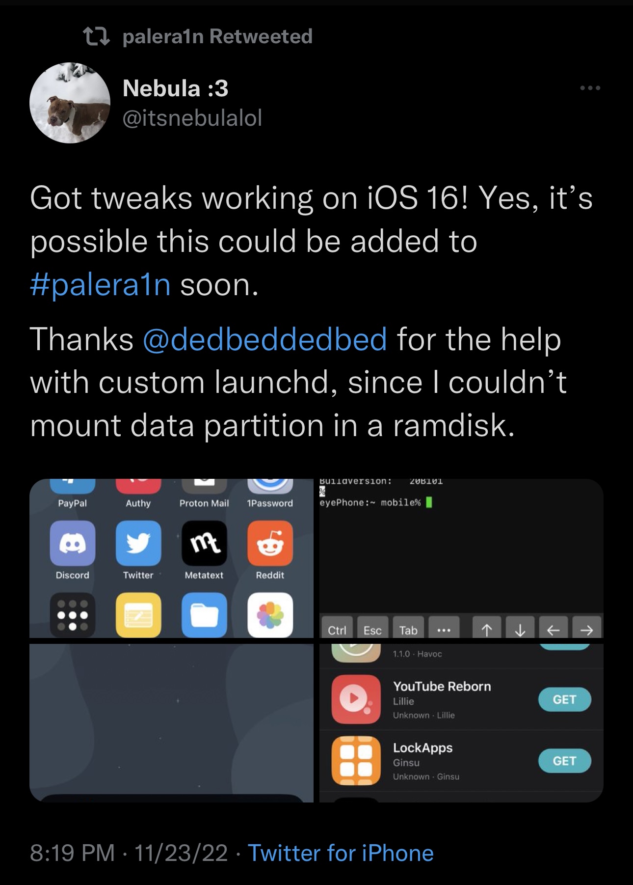 itsnebulalol partage une injection de tweak fonctionnant sur iOS 16.
