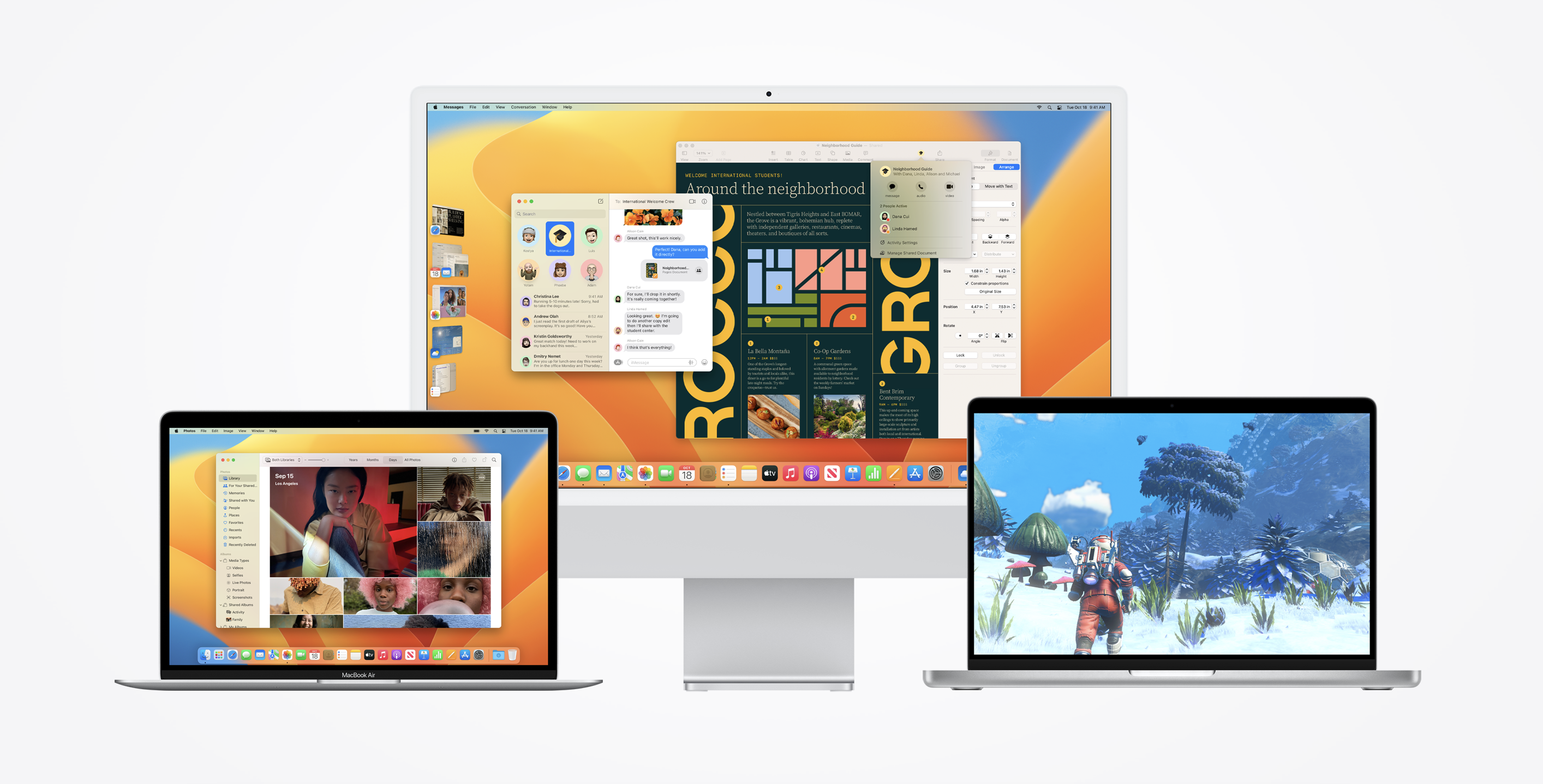 Image marketing présentant macOS Ventura sur un iMac et deux ordinateurs portables Mac