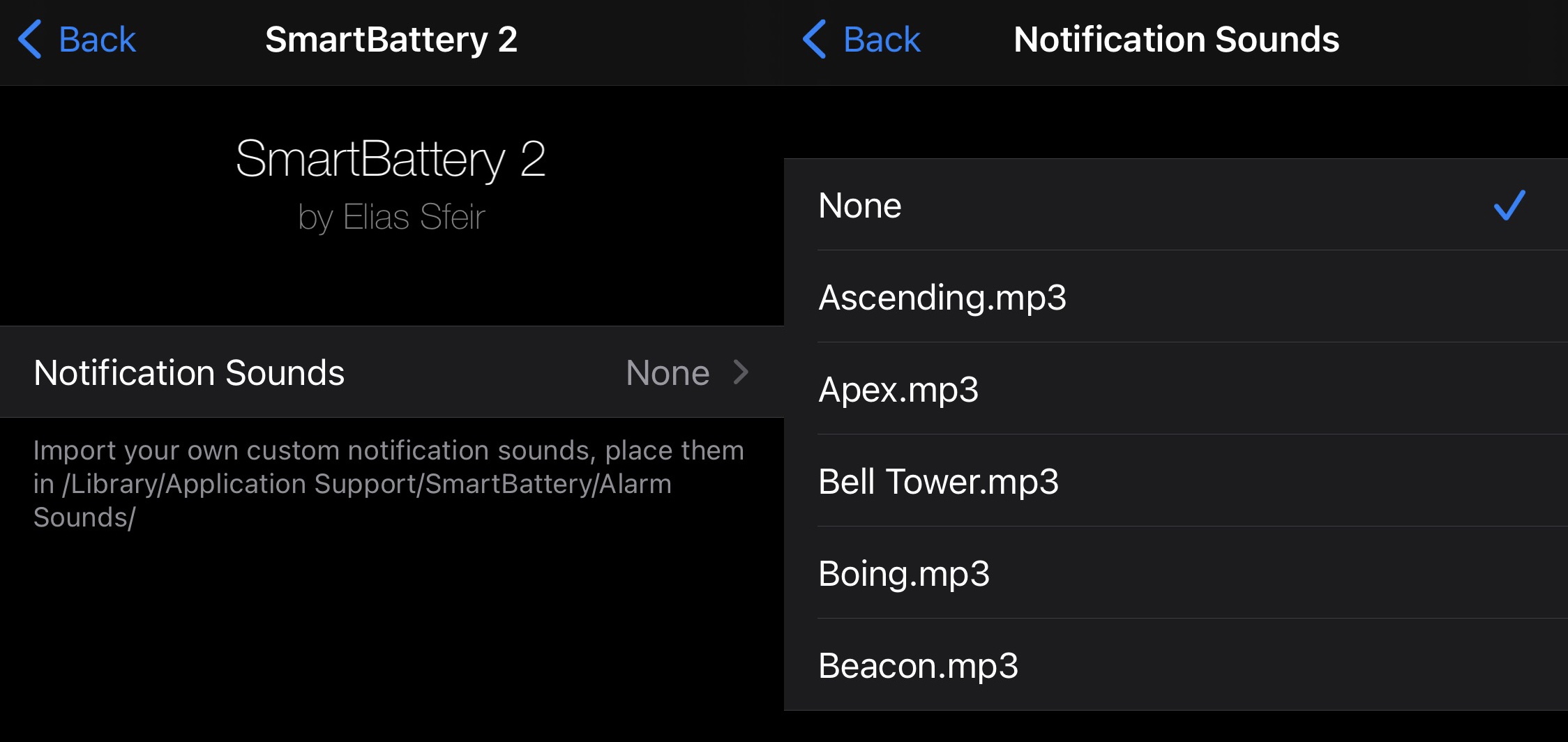 Volet de préférences des sons de notification SmartBattery iOS 15.