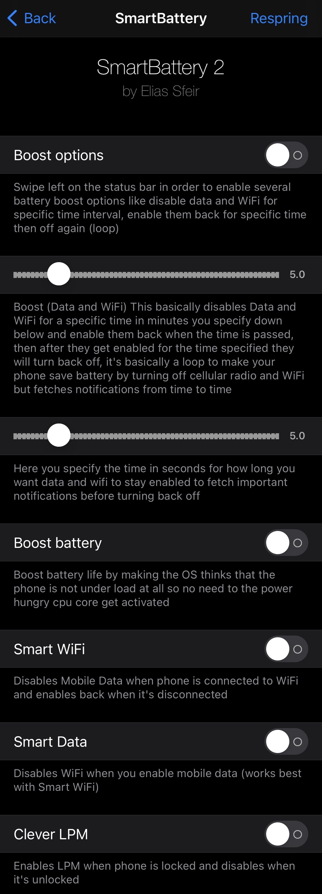 Volet de préférences SmartBattery iOS 15 Boost Battery.