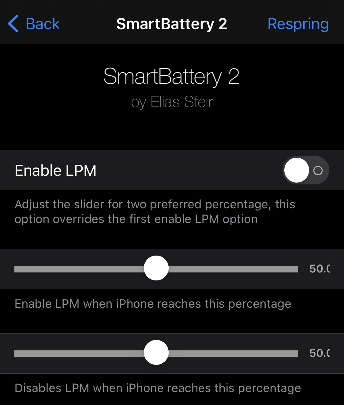 Volet de préférences SmartBattery iOS 15 Custom Interval.