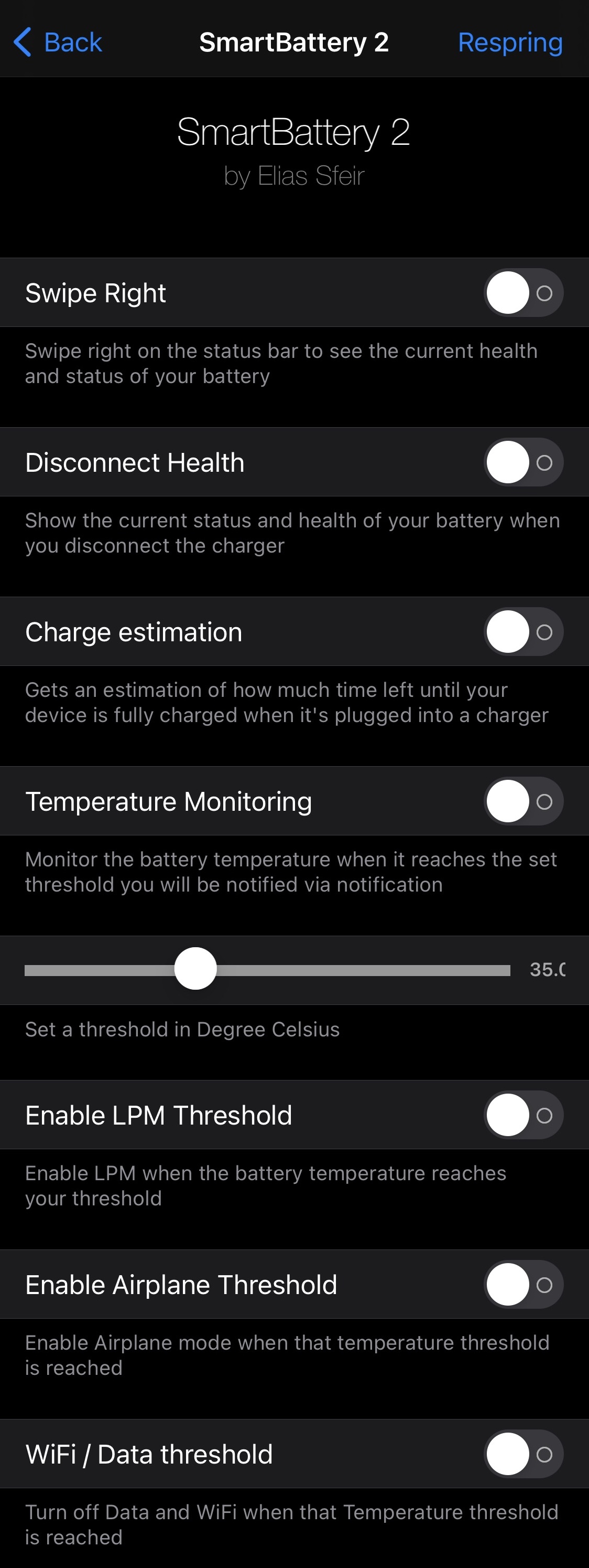 Volet de préférences Santé de la batterie SmartBattery iOS 15.