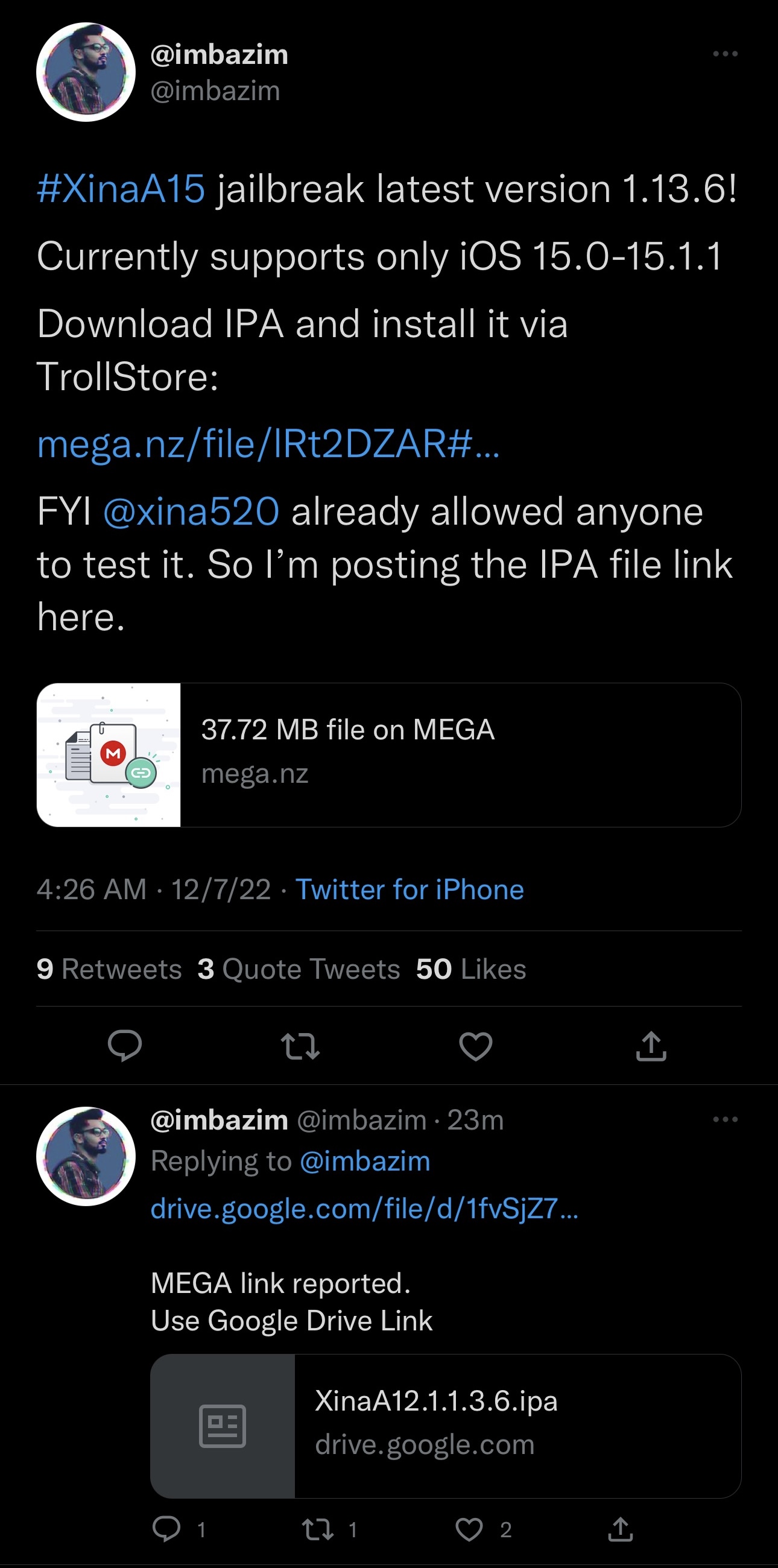 Un utilisateur tweete un lien vers le jailbreak testable de xina520 pour les appareils A12-A15 sur iOS 15.0-15.1.1.