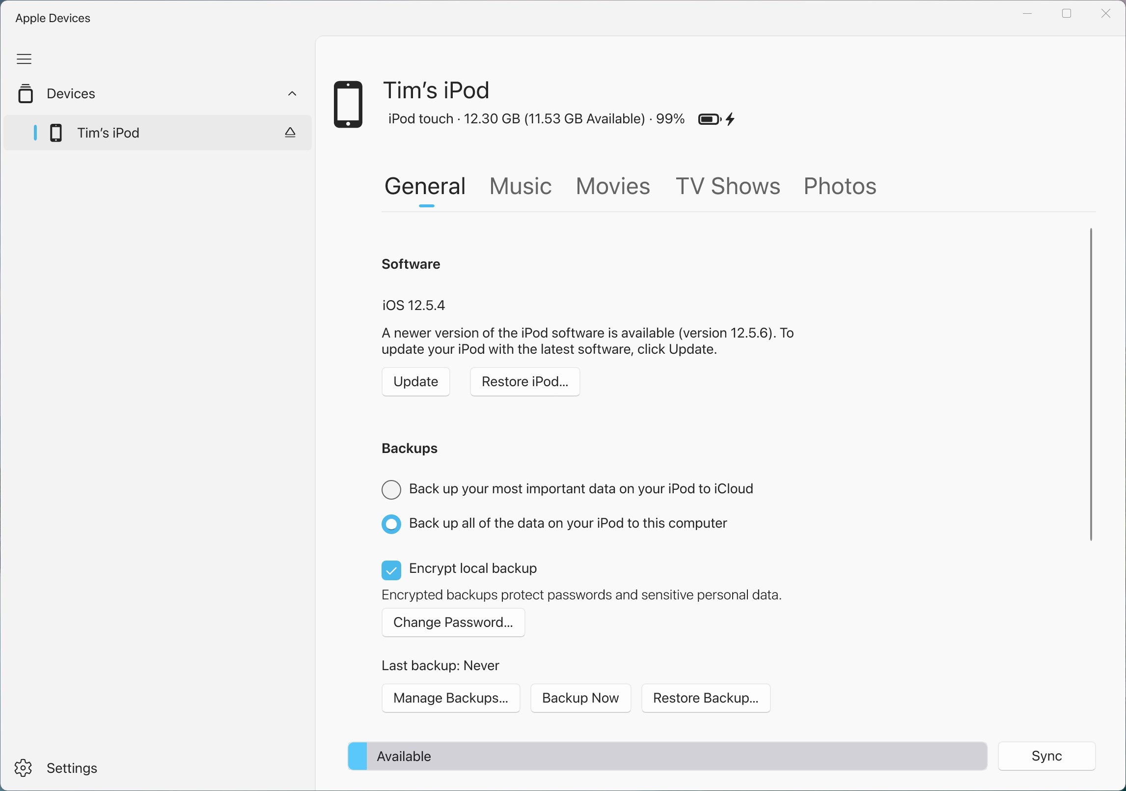 L'application Apple Devices pour Windows présentant la gestion de l'iPod connecté