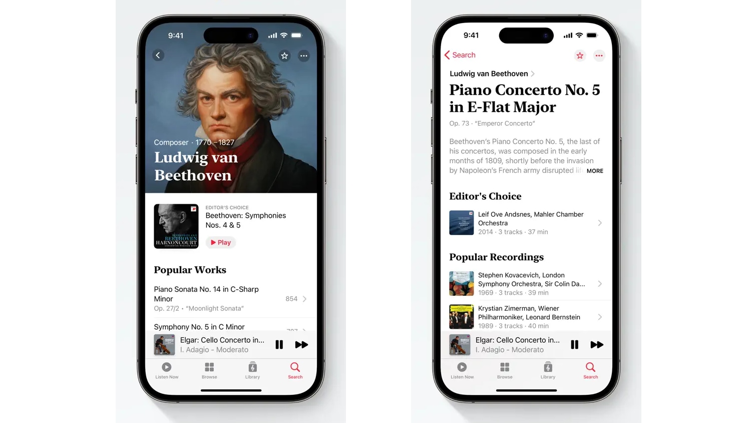 Application Apple Music Classical présentant Vous obtenez même des portraits numériques de compositeurs célèbres