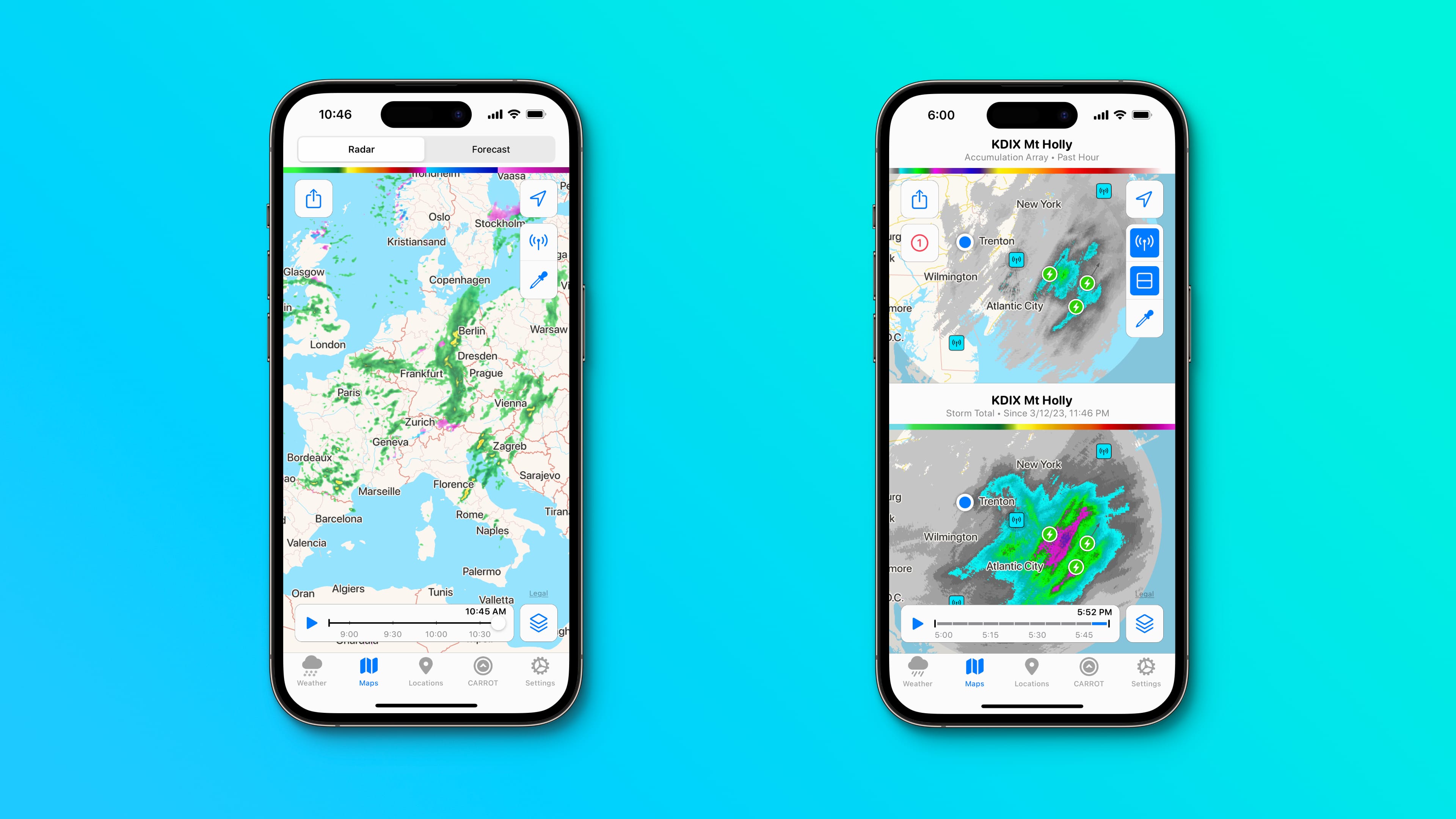 Cartes radar et prise en charge multi-emplacements dans Carrot Weather pour iPhone