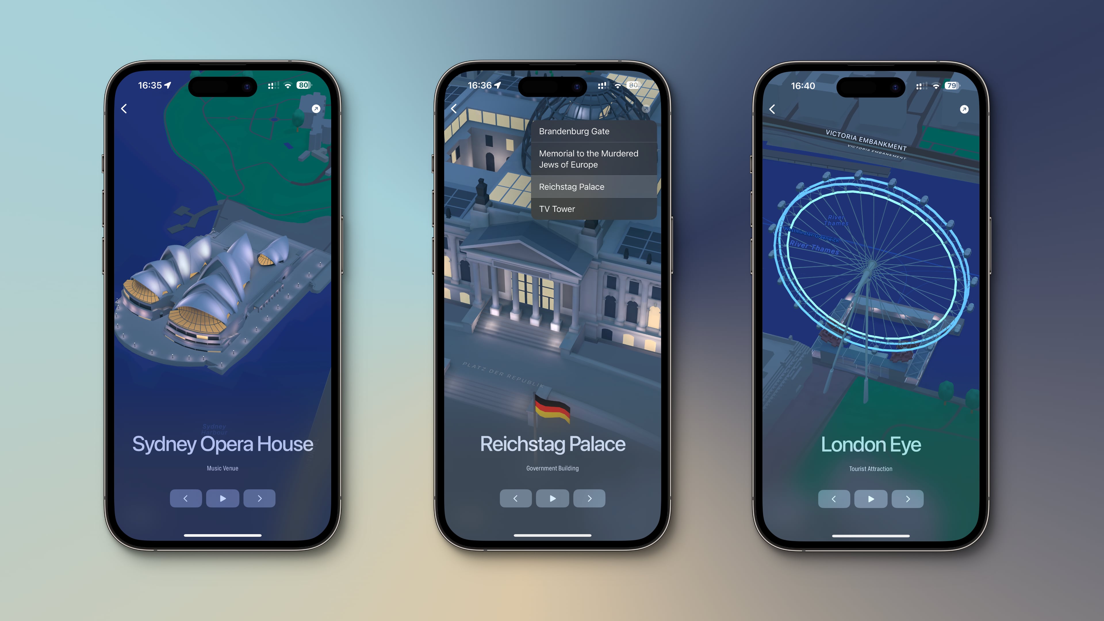 L'application iPhone Landmarks présentant les points de repère Apple Maps 3D