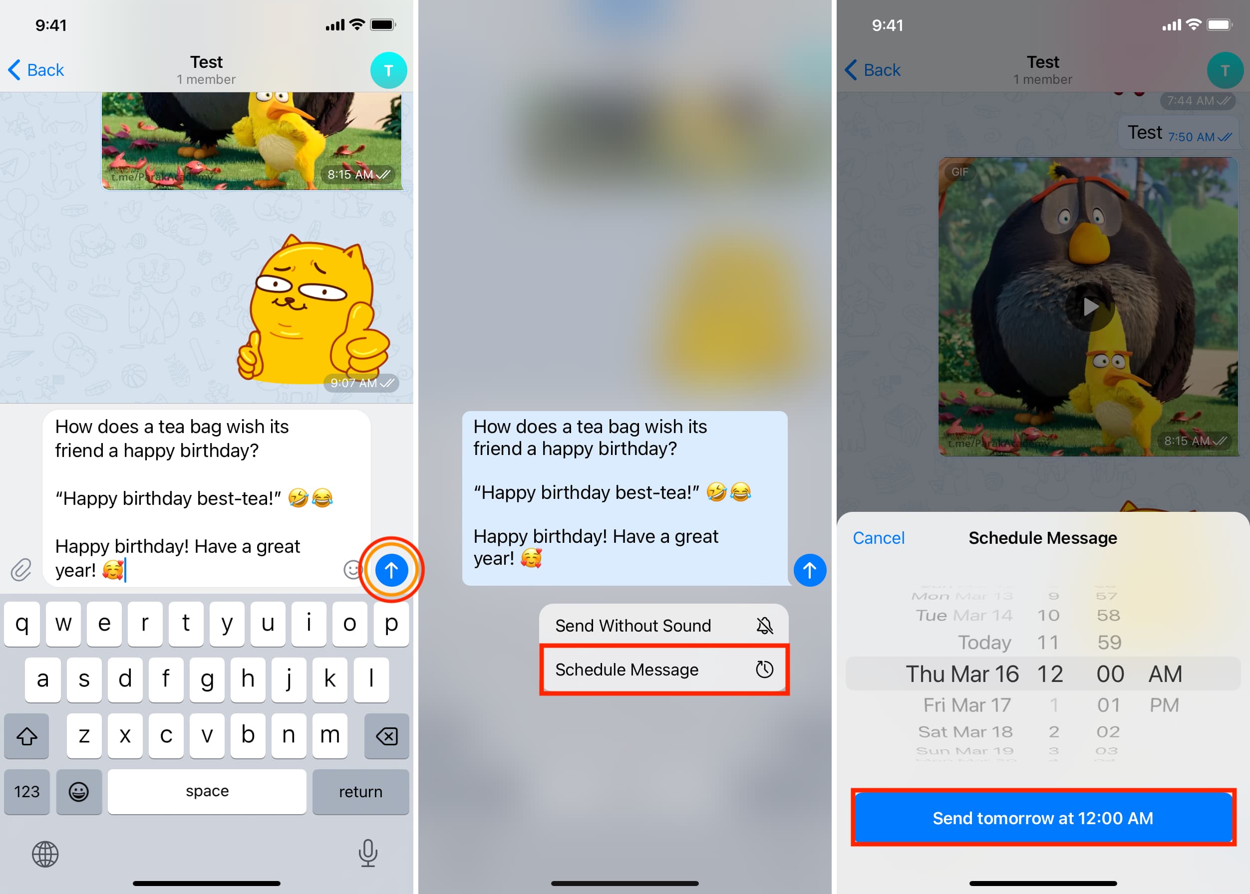 Trois captures d'écran en surbrillance montrant comment planifier un message dans l'application Telegram