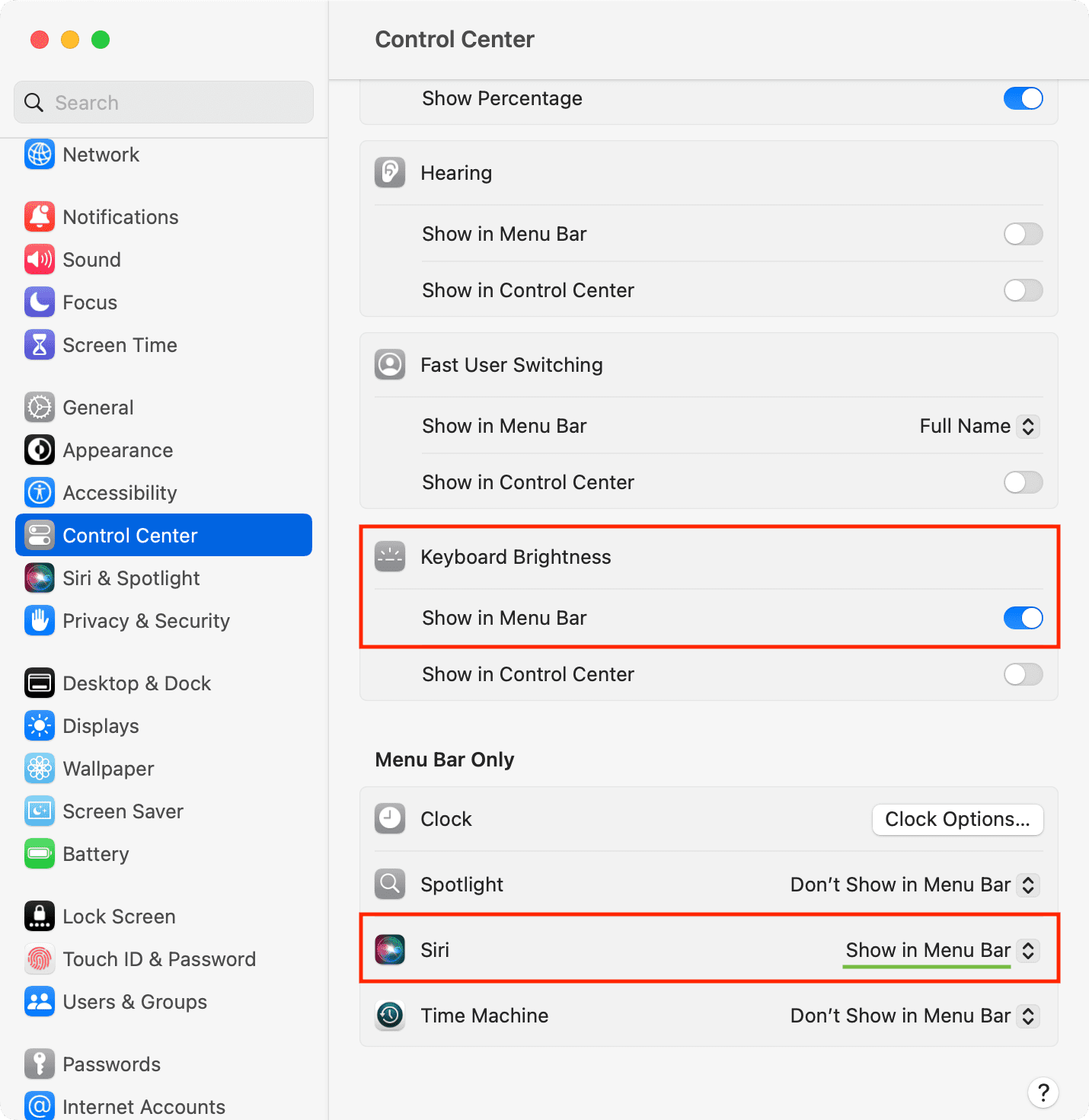 Afficher la luminosité du clavier et Siri dans la barre de menus Mac