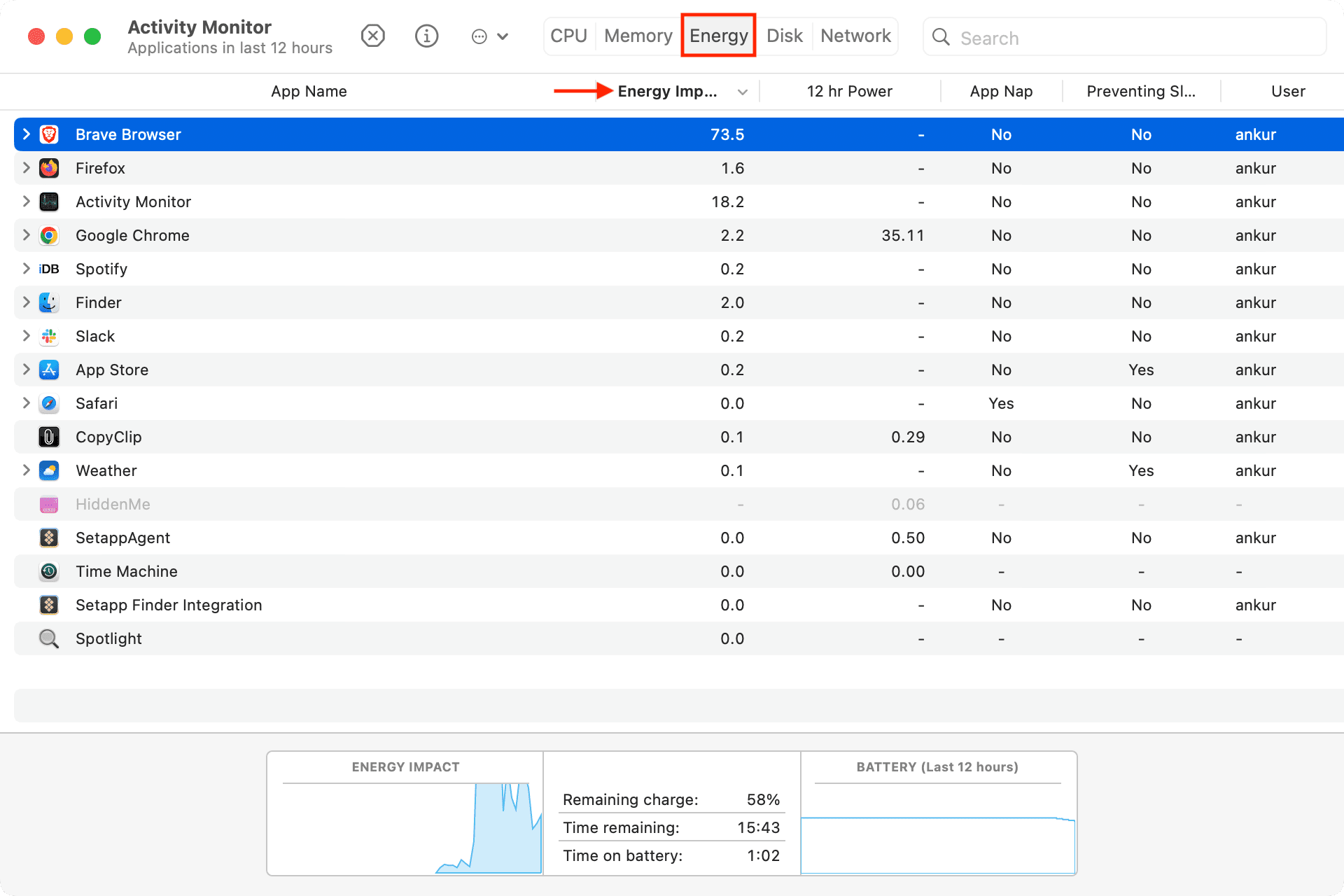 Section Énergie de l'application Activity Monitor sur Mac