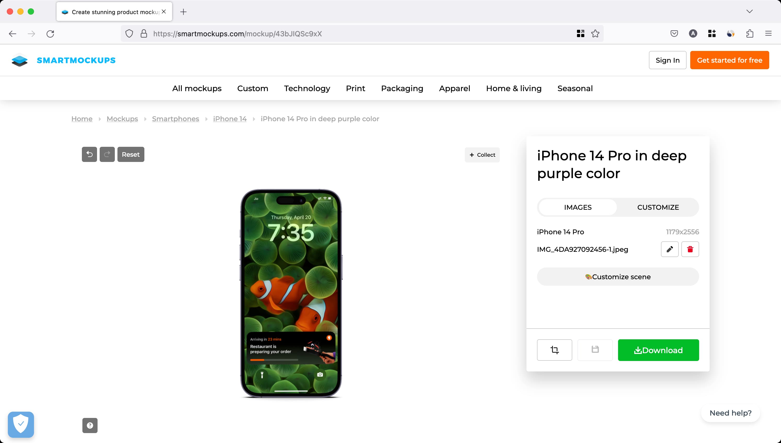 Utilisation du site Web Smartmockups pour mettre une capture d'écran iPhone dans une maquette iPhone 14 Pro