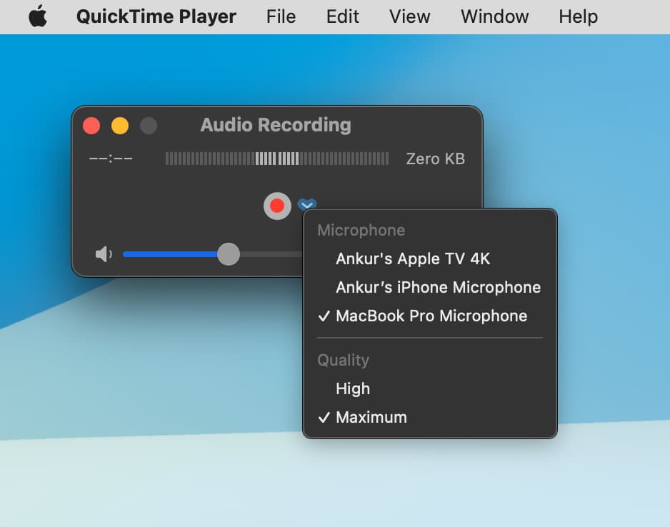 Enregistrement audio dans QuickTime Player sur Mac