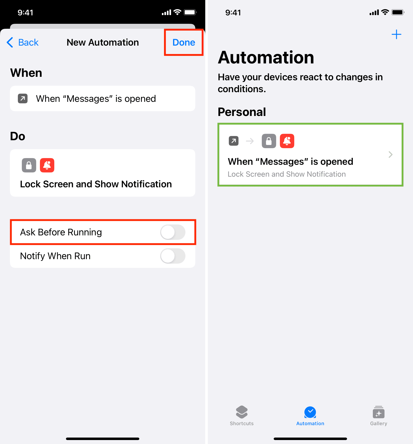Automatisation iOS qui verrouille l'iPhone et affiche l'écran de verrouillage lorsqu'une application est ouverte