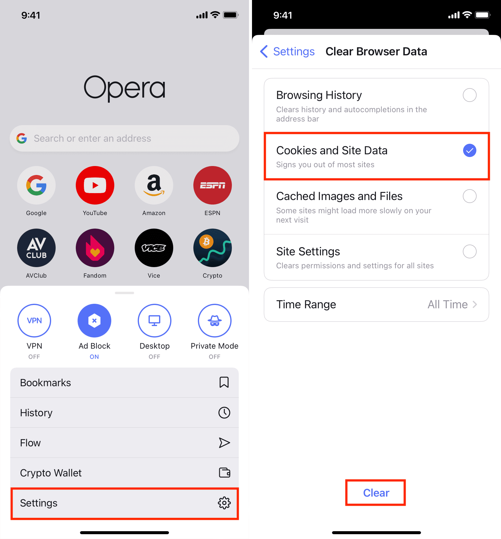 Effacer les cookies et les données de site dans le navigateur Opera sur iPhone