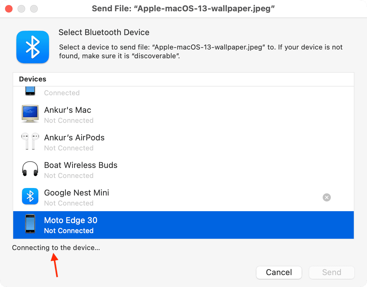 Connexion au message de l'appareil dans l'application Bluetooth File Exchange sur Mac