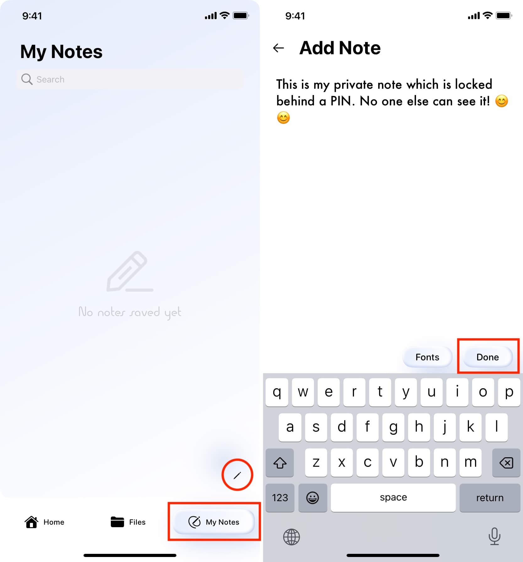 Créer une note privée dans l'application Vault sur iPhone
