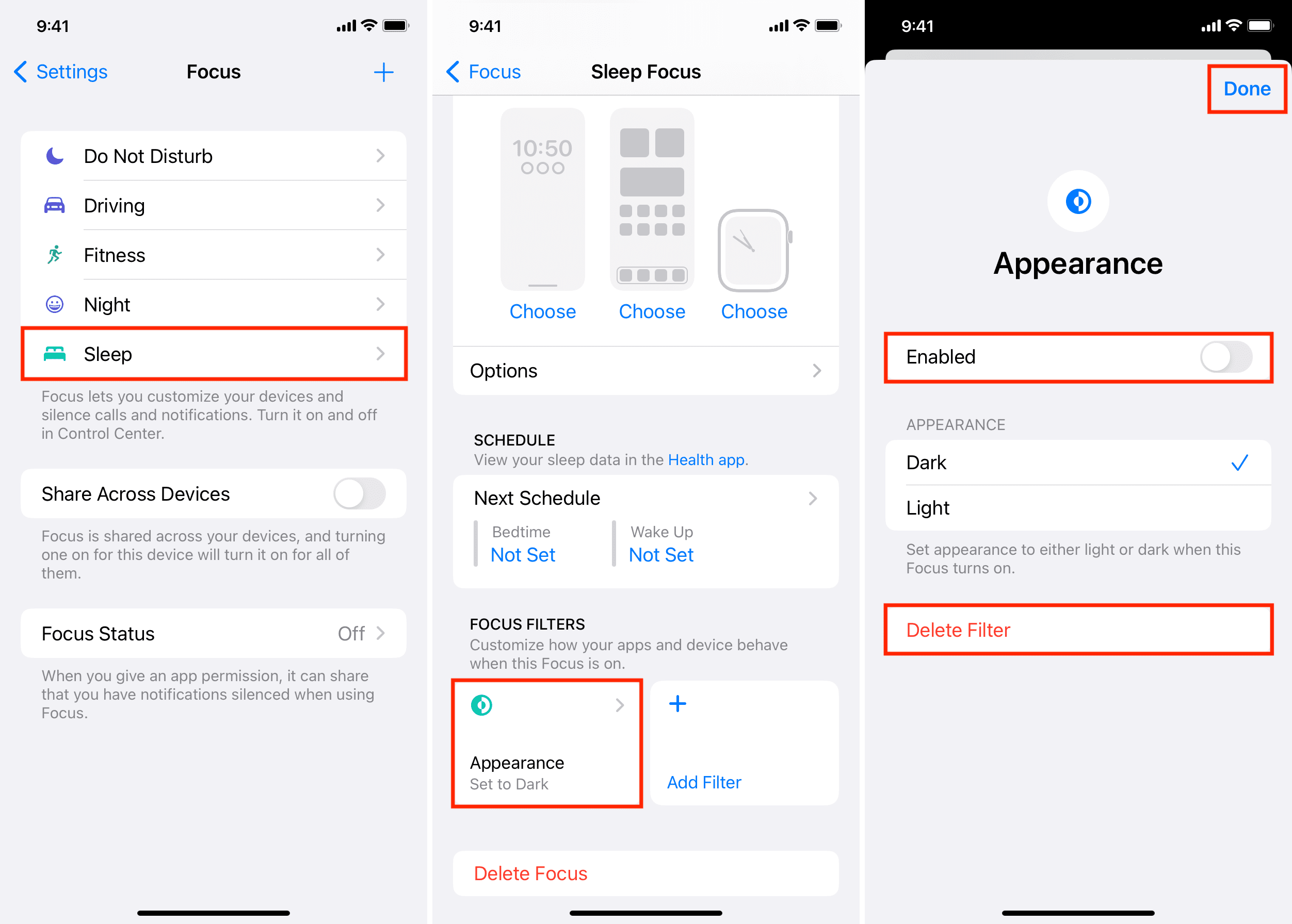 Désactiver le filtre de mise au point en mode sombre sur iPhone