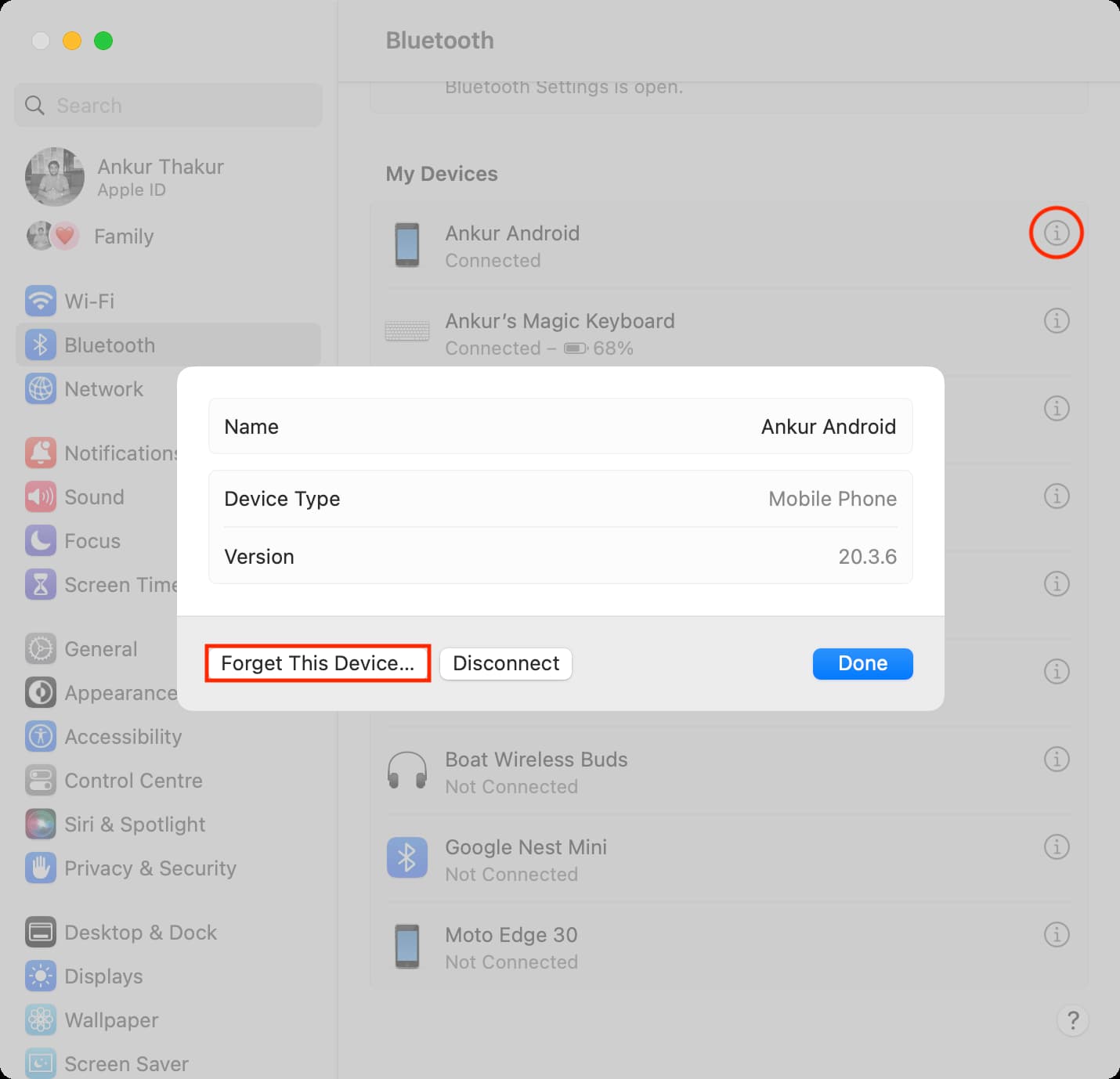 Oubliez le téléphone Android des paramètres Bluetooth Mac