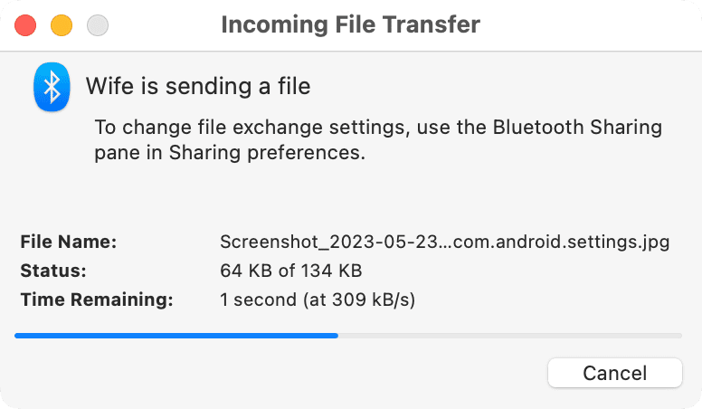Fenêtre contextuelle de transfert de fichiers Bluetooth entrant sur Mac