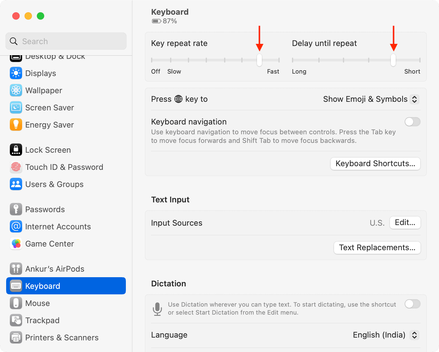 Taux de répétition des touches et délai jusqu'à la répétition dans les paramètres du clavier sur Mac