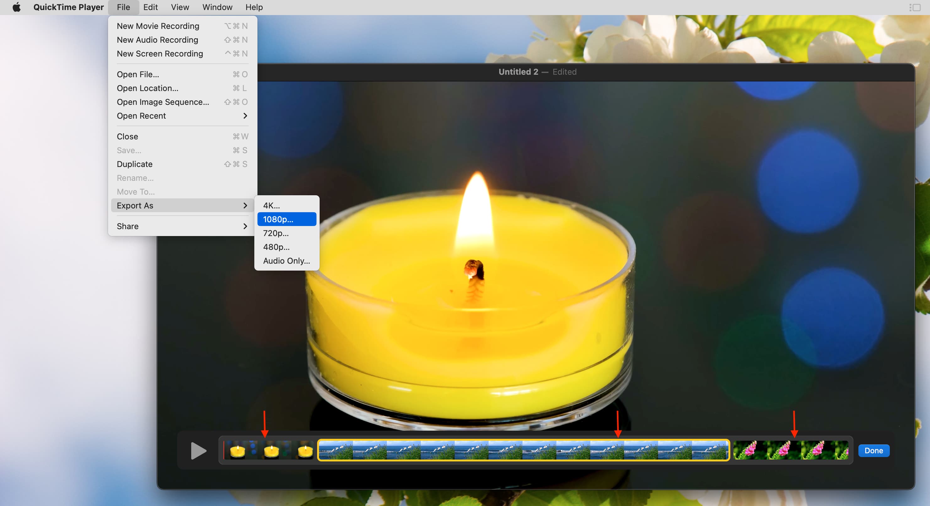 Fusion de trois vidéos à l'aide de QuickTime Player sur Mac