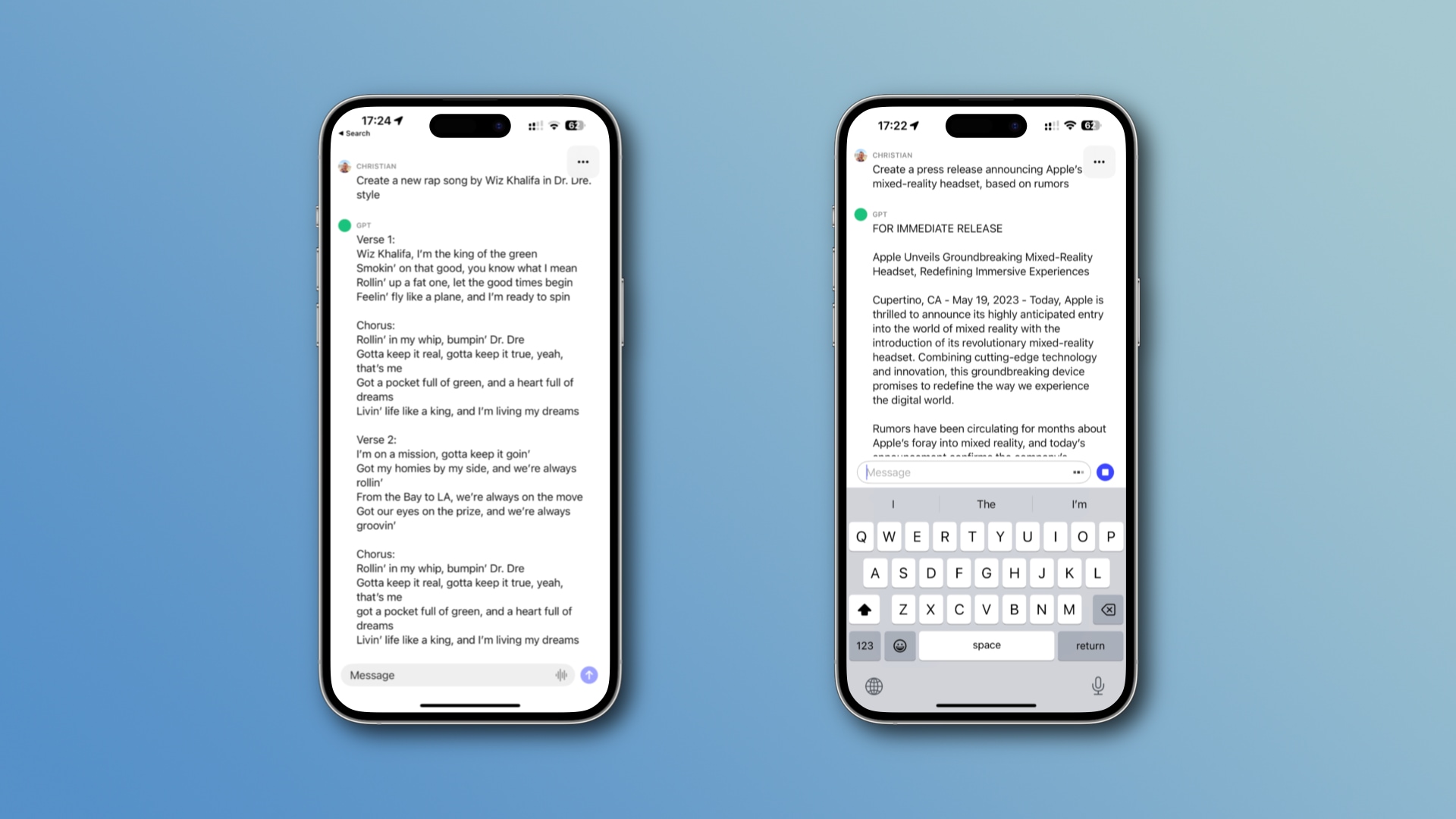 Deux captures d'écran iPhone affichant des exemples d'invites dans l'application ChatGTP