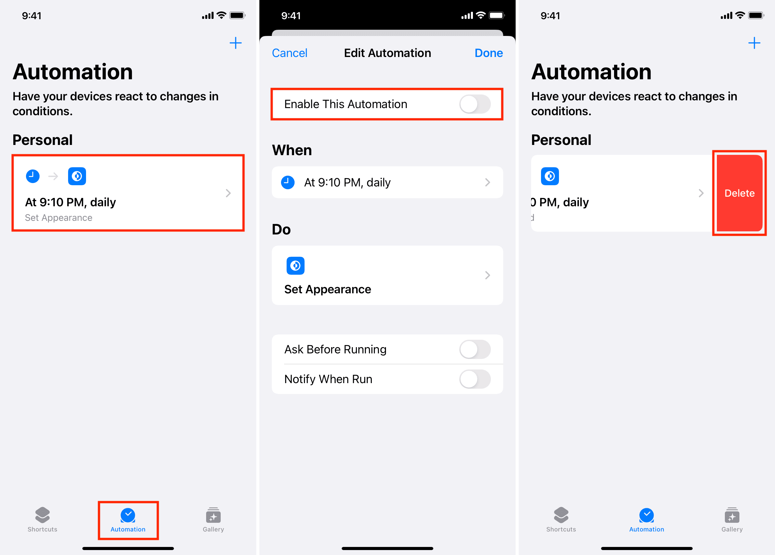 Désactiver l'automatisation du mode sombre à partir de l'application iPhone Shortcuts