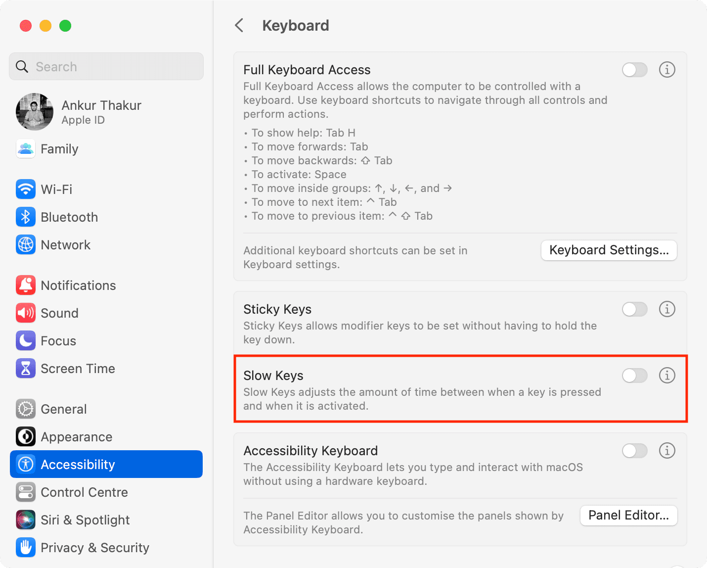 Désactiver les touches lentes dans les paramètres d'accessibilité du clavier Mac