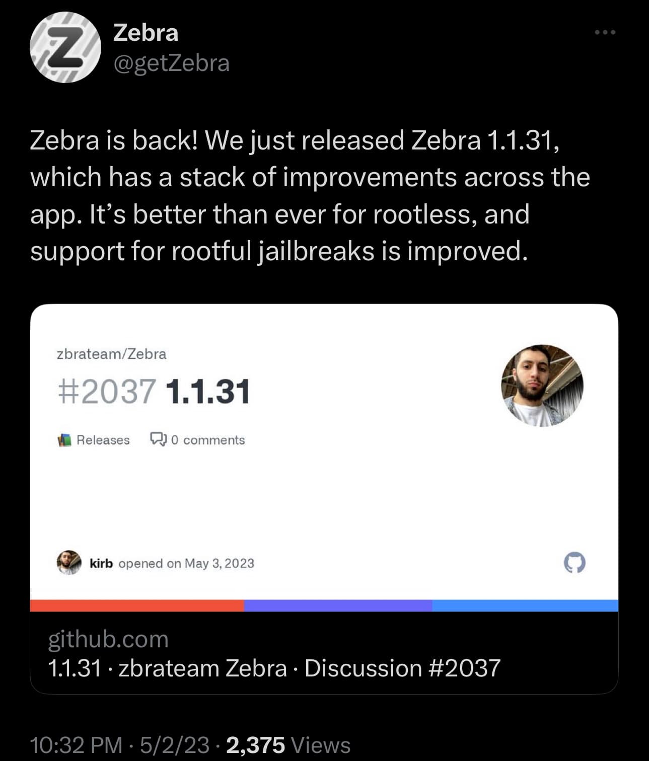 Zebra mis à jour vers la v1.1.31.