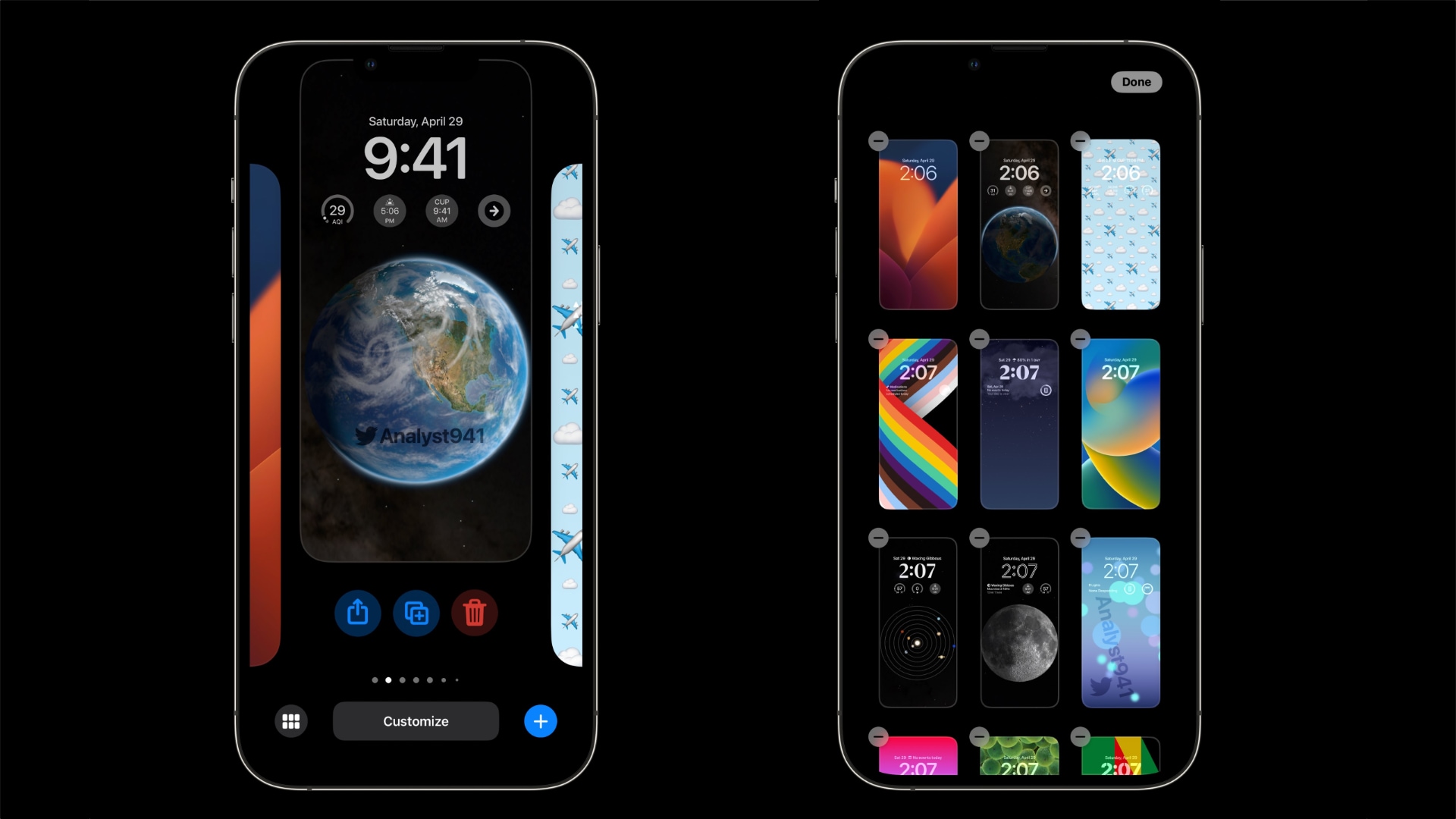 Maquettes iPhone présentant la vue de la grille de fond d'écran supposée dans iOS 17