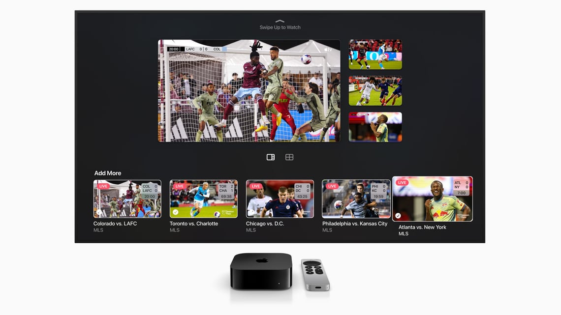 Image marketing présentant la fonction multivue sur Apple TV 4K pour regarder quatre flux sportifs simultanés