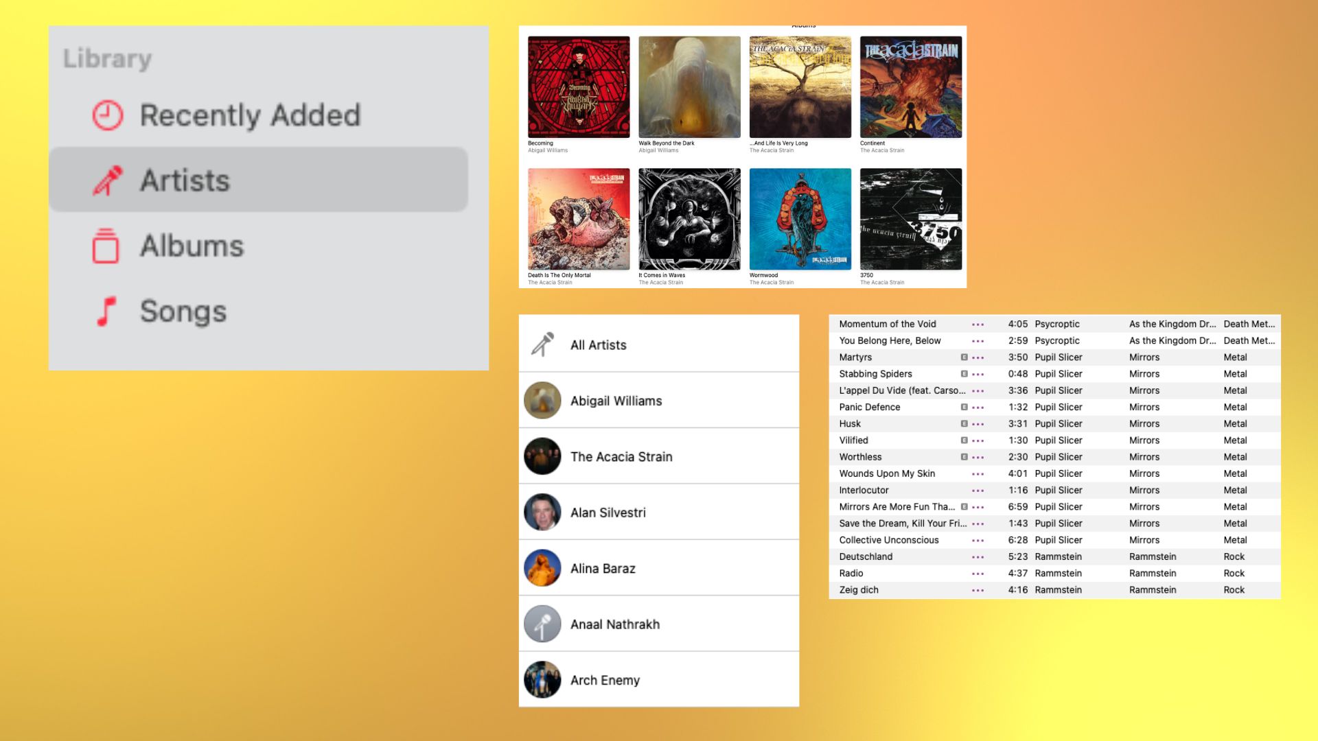 Captures d'écran de la bibliothèque Apple Music