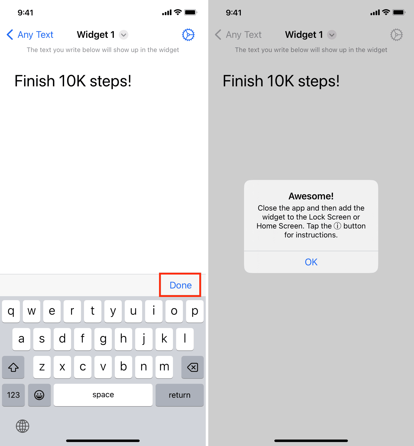 Finish adding your first widget in Any Text app on iPhone