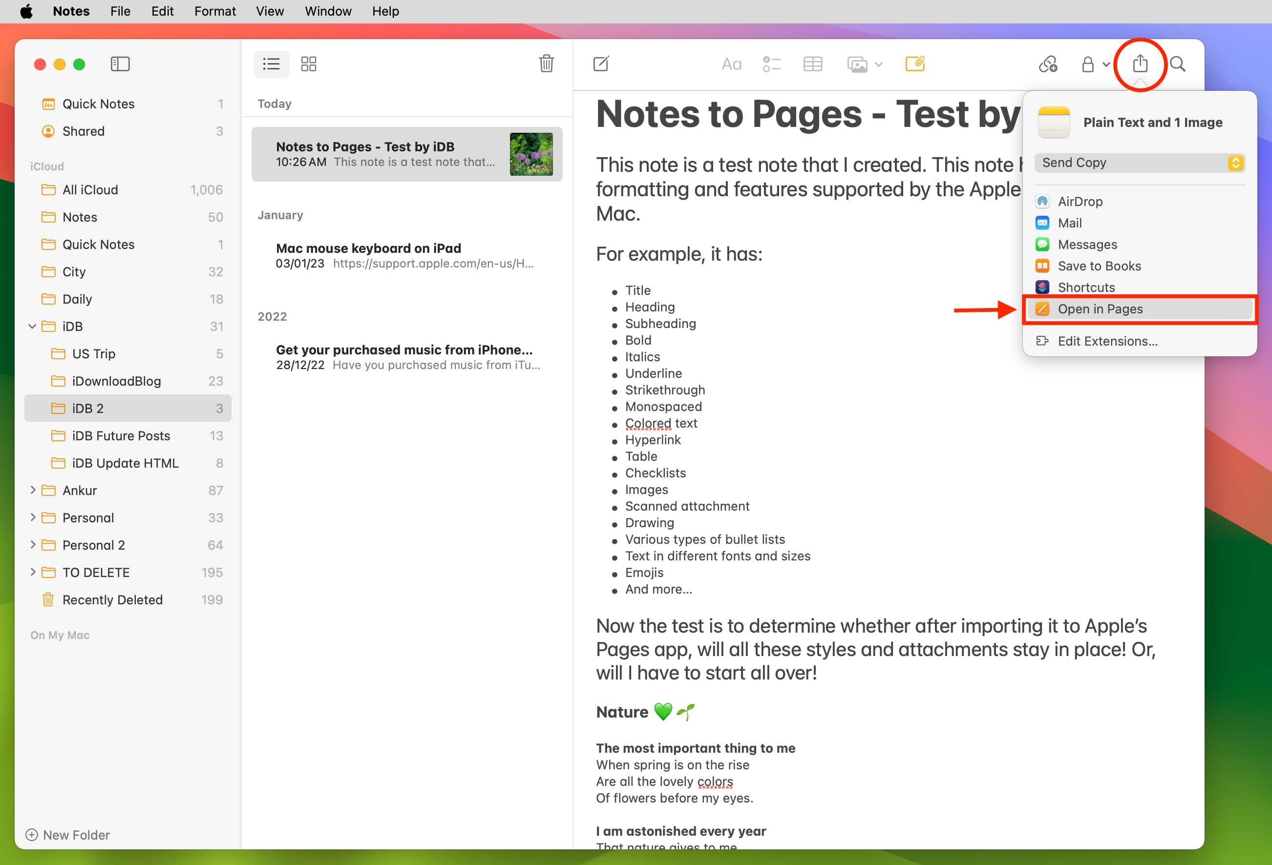 Open in Pages option inside the Notes app on Mac