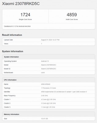 Xiaomi Redmi K60 Ultra (23078RKD5C) scorecard from Geekbench 6.1.0
