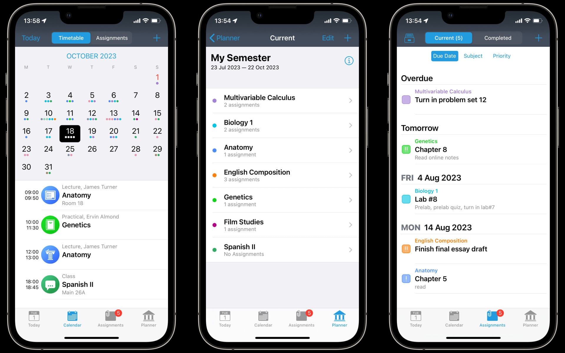 The iStudiez Pro Legendary Planner app shown on three iPhones side-by-side.