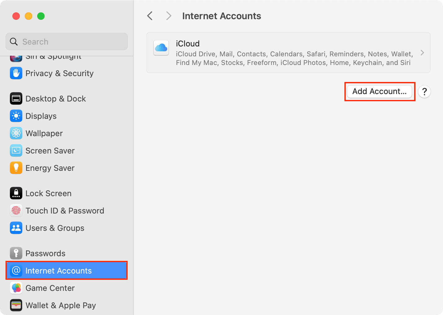 Add Accounts in Internet Accounts setting on Mac