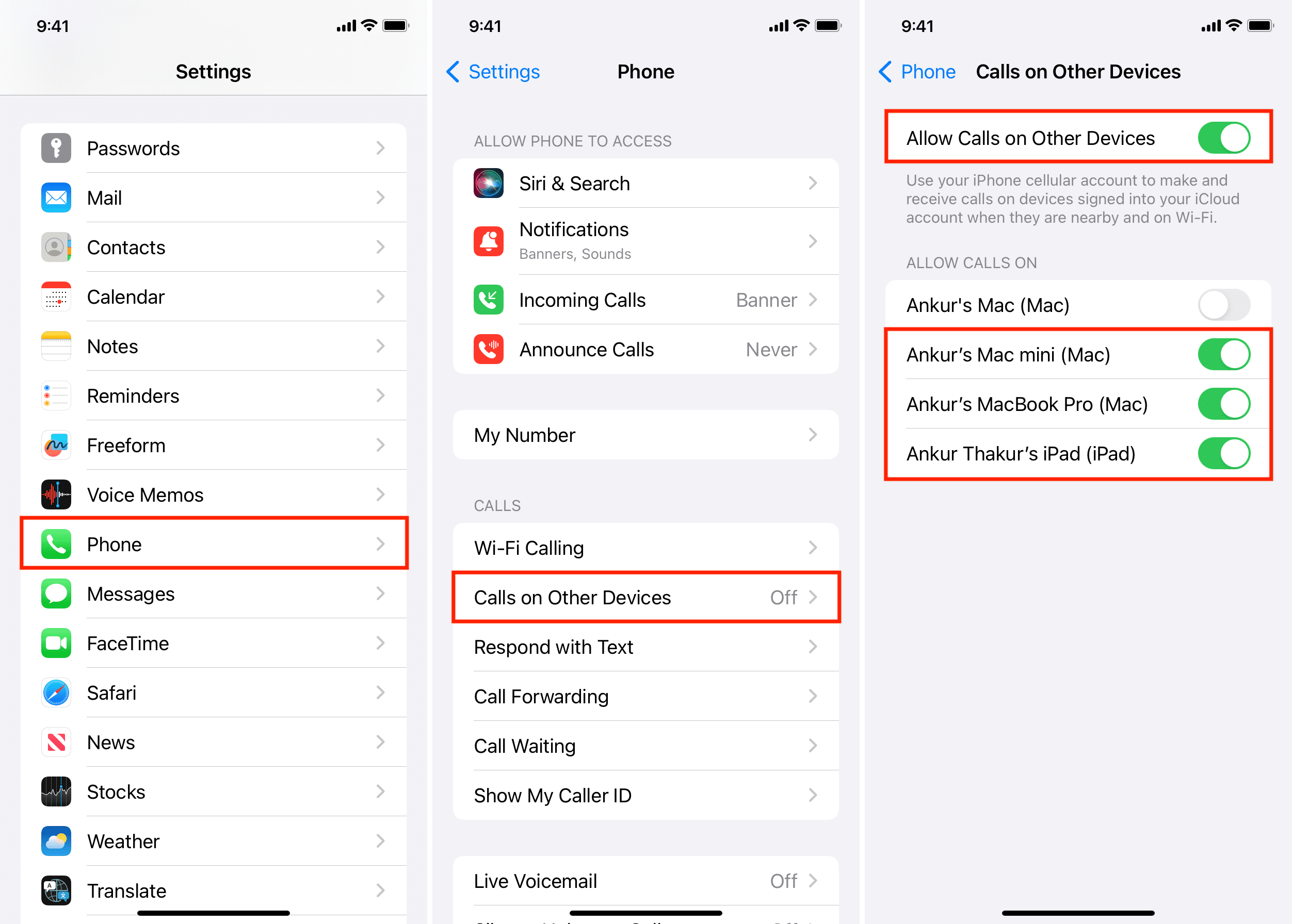 Allow Calls on Other Devices from iPhone Phone Settings