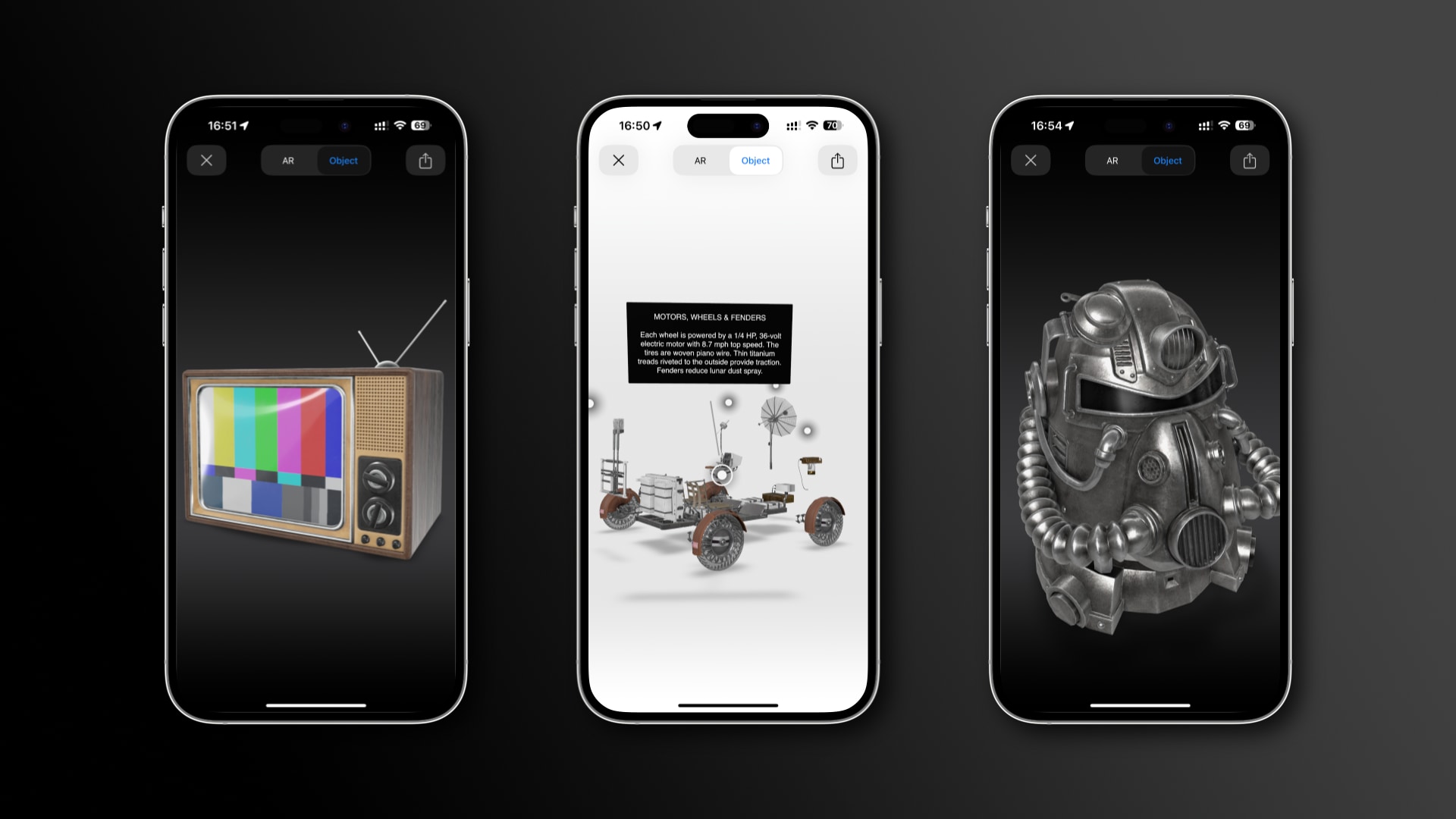 Quick Look previews of three different 3D objects on iPhone
