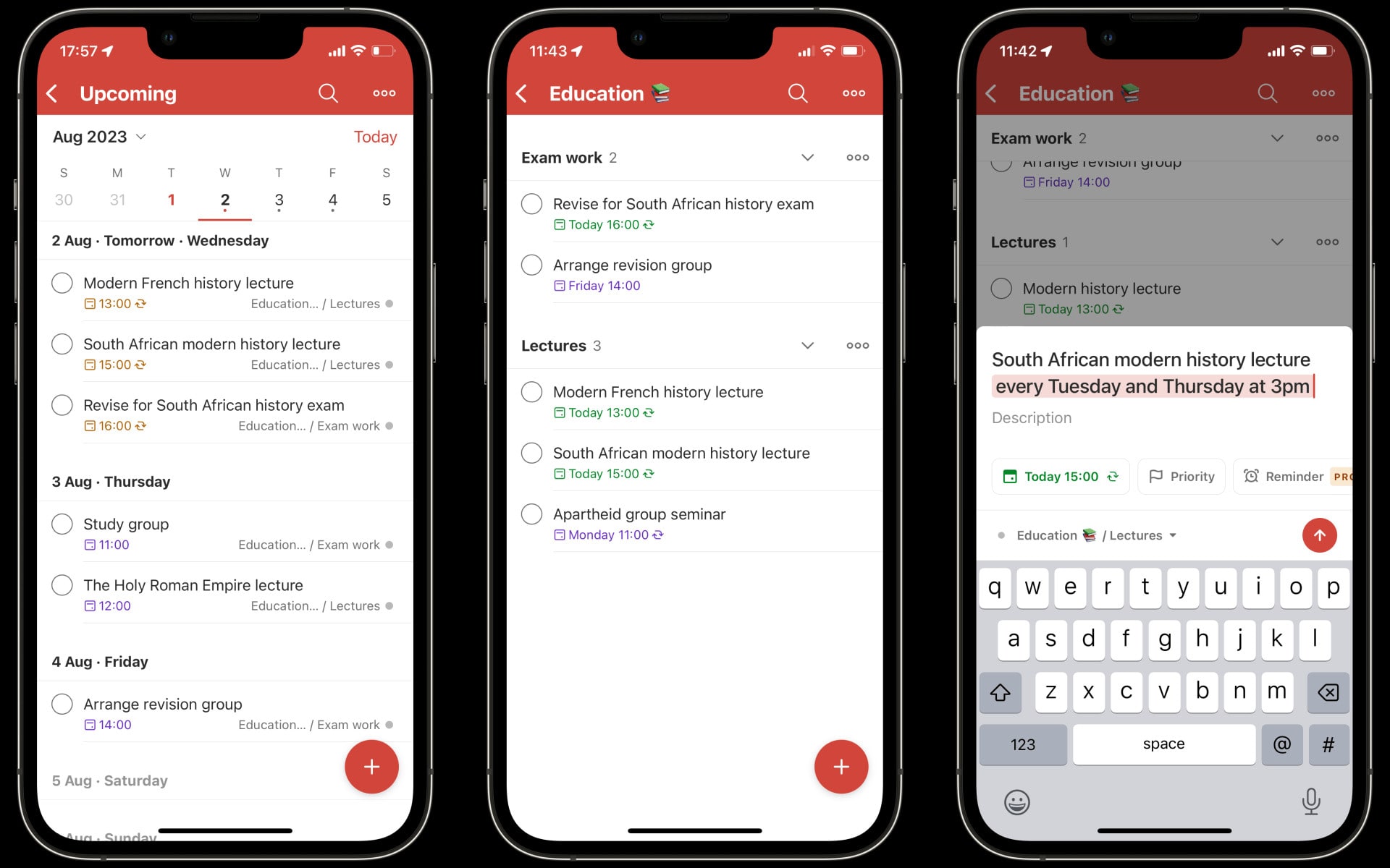 The Todoist app shown on three iPhones side-by-side.