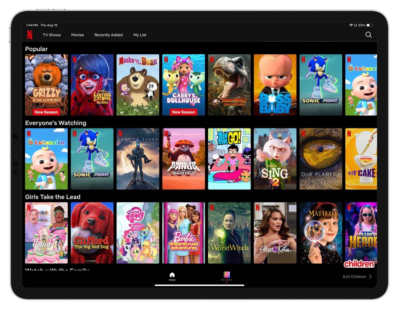Children section in Netflix on iPad